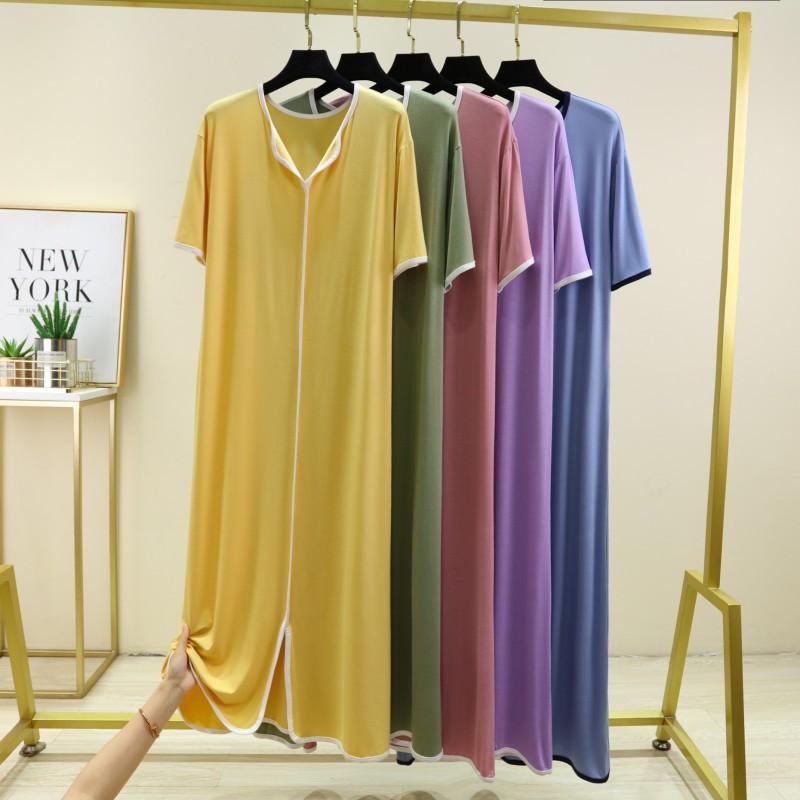 ワンピース レディース 部屋着 薄手 半袖 Vネック 膝丈 ネグリジェ モダール ゆったり かわいい 春夏 淡黄色 オリーブグリーン ピンク系 スカイブルー パープル系
