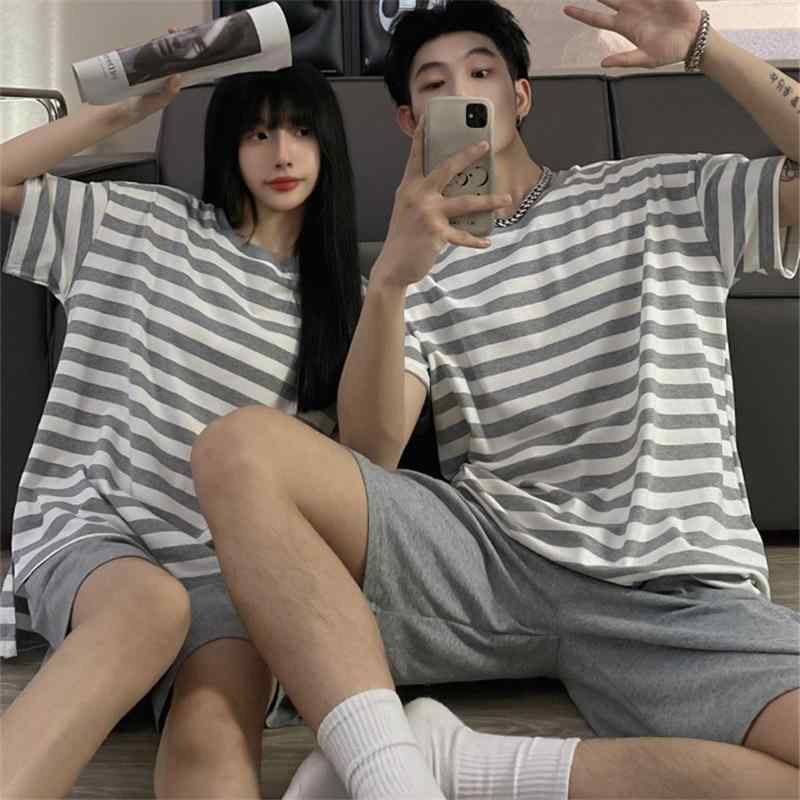 パジャマ レディース メンズ 3点セット 半袖 ショートパンツ ルームウェア 部屋着 寝巻き 綿混紡 ストライプ柄 かわいい 大きいサイズ ゆったり 春夏