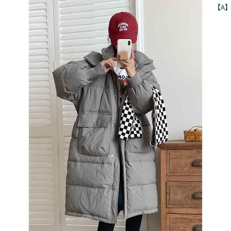 ダウンジャケット レディース 中綿 ロング丈 ひざ丈 ゆったり フード付き ダウン アウター グレー ピンク系 ベージュ ブラック カーキ カジュアル 秋冬