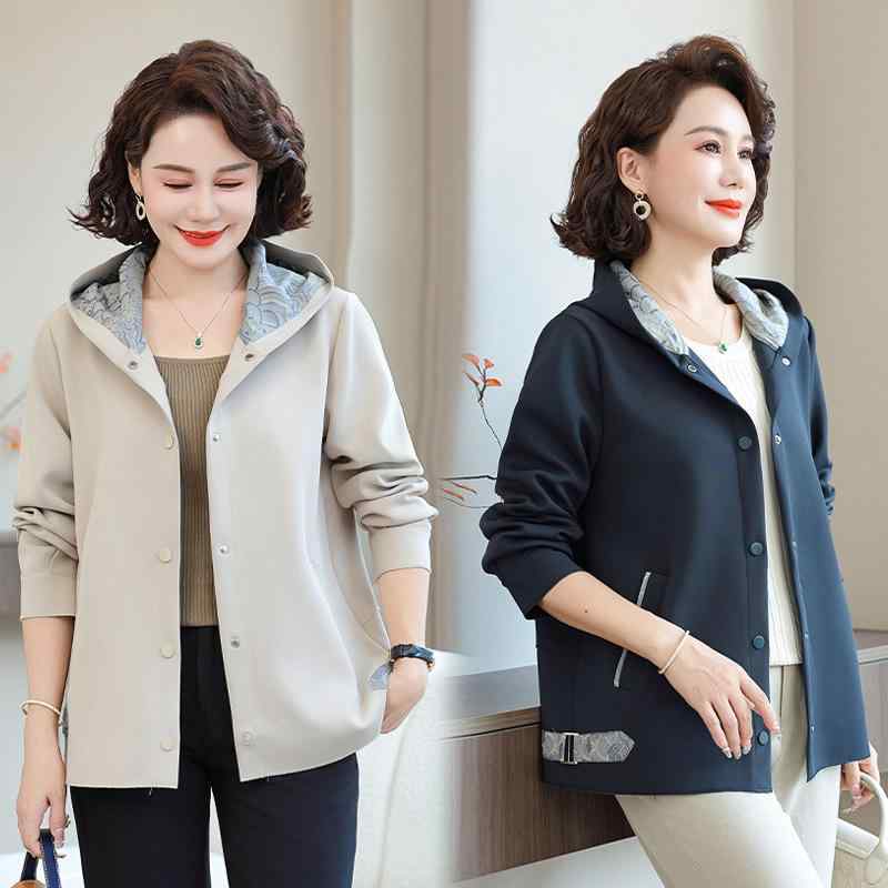ジャケット レディース ミセス スプリングコート パーカー ママ 服 春 アウター カジュアル ゆったり フード付き ポケット付き 無地 40代 50代 60代 ミドルエイジ ベージュ ネイビー