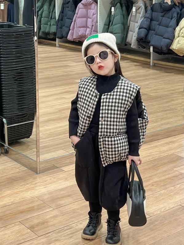 子供服 ベスト 秋冬 格子柄 ダウン風 中綿 暖かい 防寒 男の子 女の子 ニット インナー パンツ 上下な..