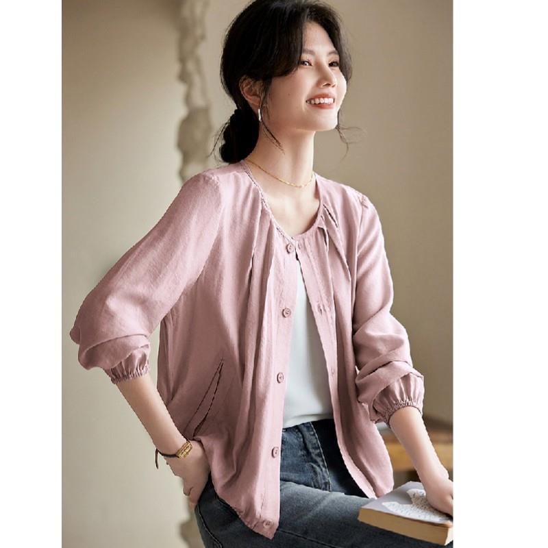 ジャケット レディース 薄手 快適 リラックス フェミニン エレガント ショート丈 アウター トップス ポリエステル 長袖 パフスリーブ ラウンドネック 無地 ピンク ブルー
