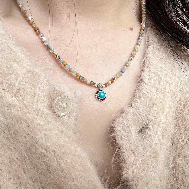 ネックレス レディース 925シルバー 合成ターコイズ 個性的 卵黄石 アクアマリン ビーズ チョーカー