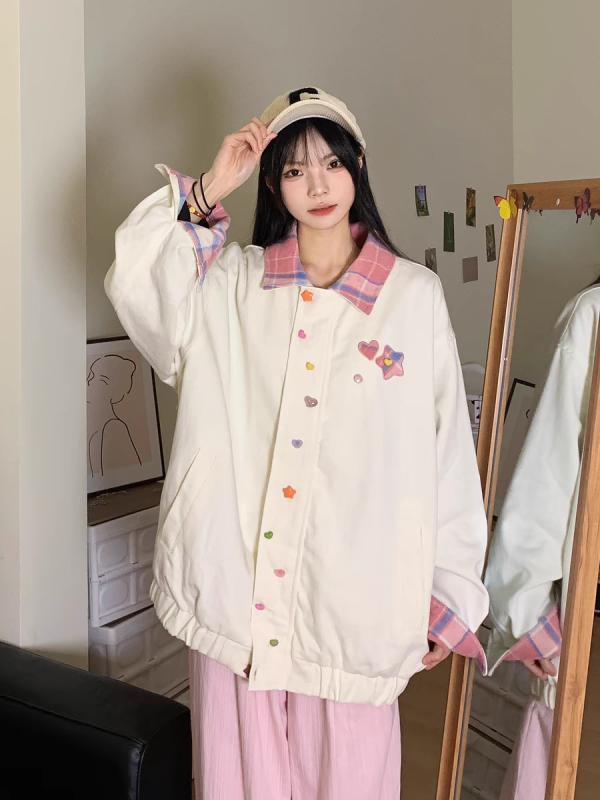ジャケット レディース 韓国 配色 格子柄 襟付き 野球服 アウター 春秋 ショート丈 普段使い かわいい ゆったり 長袖