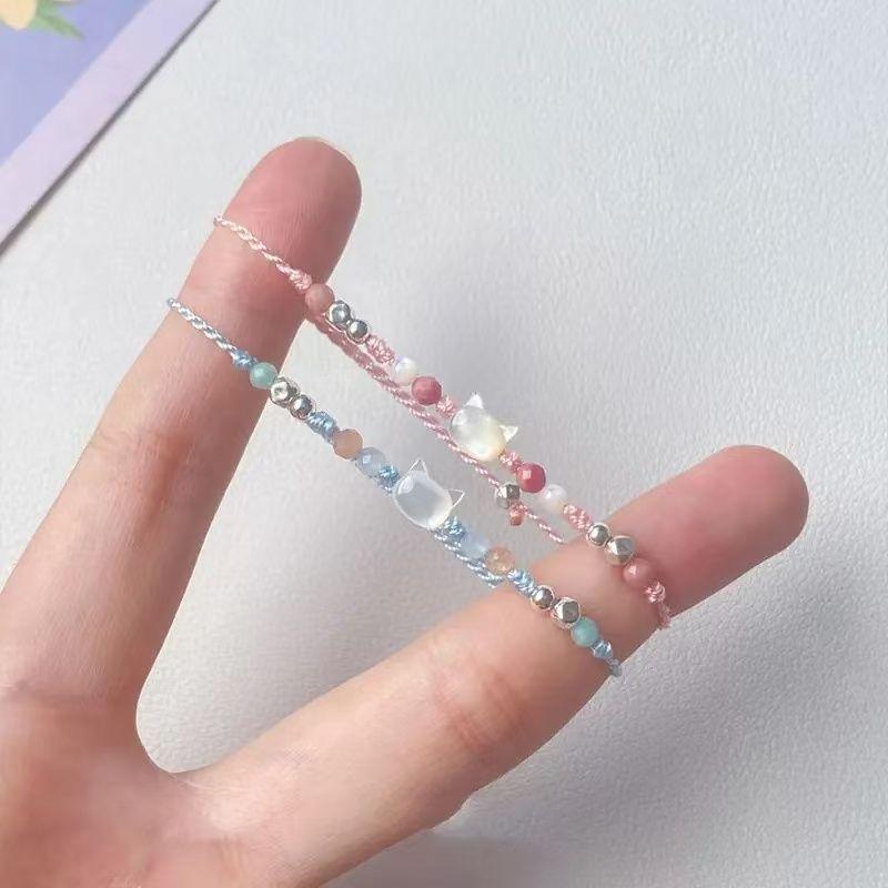 ブレスレット レディース アクセサリー 猫 ねこ アニマル キャンディカラー 編み込み 手編み かわいい ..