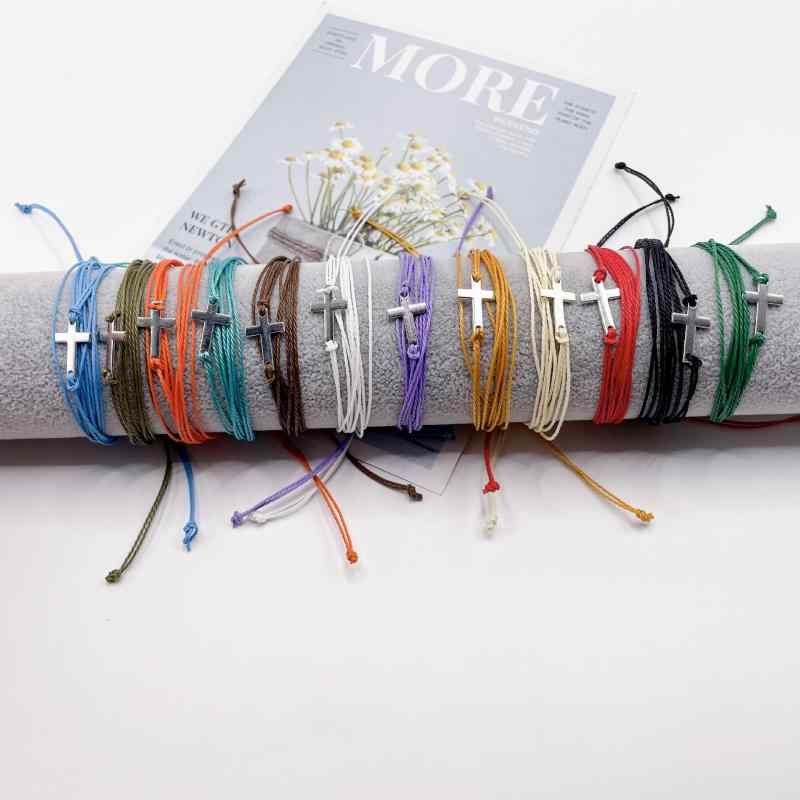ブレスレット 男女兼用 DIY編み込み 防水 ワックスコード ミサンガ 友情の証 クロス 十字架 ビーチ 海 ..