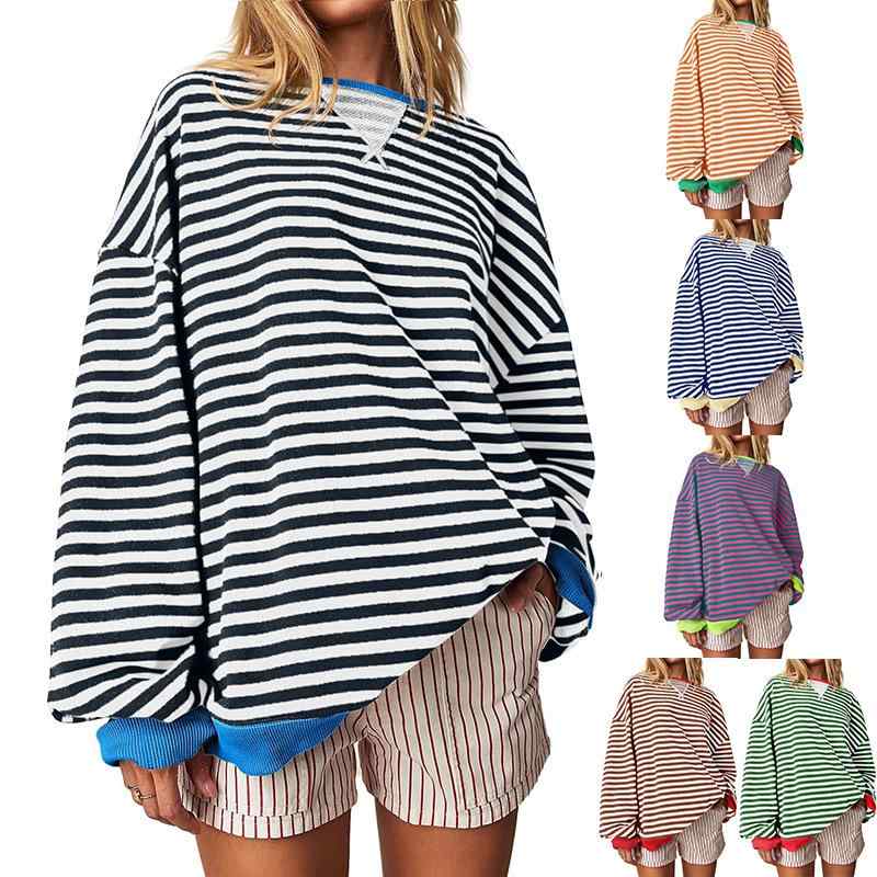 スウェット レディース 秋冬 オーバーサイズ ゆったり ストライプ プルオーバー 厚手 ラウンドネック ..