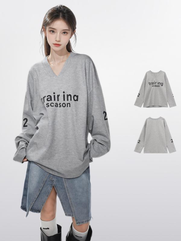 トレーナー レディース Vネック グレー 薄手 レトロ スポーティー 長袖 トップス カットソー コットン ポリエステル 普段使い 通勤 通学