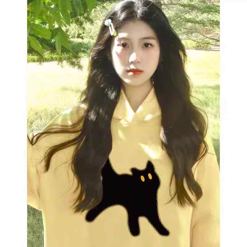 スウェット レディース 春秋 長袖 猫柄 プリント パーカー トップス ゆったり かわいい カジュアル 普段使い 韓国 M L XL XXL 綿 ポリエステル 黄色 ピンク系 白 紫