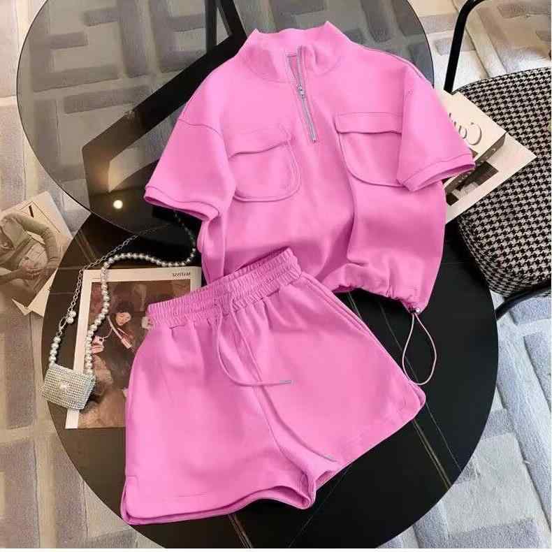 セットアップ レディース 春夏 スポーティー 普段使い 部屋着 半袖トップス ショートパンツ ポリエステル 切り替え 配色 ピンク系 ブルー系