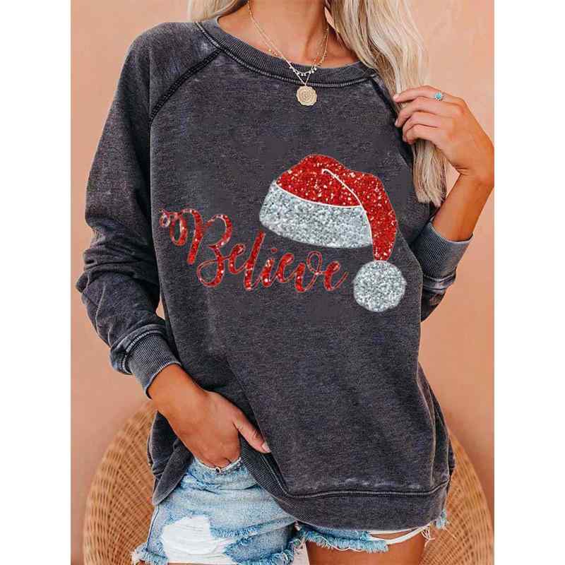 Tシャツ レディース 街頭潮人 長袖 クリスマス 帽子 プリント 丸首 トレーナー ポリエステル 普段使い ..