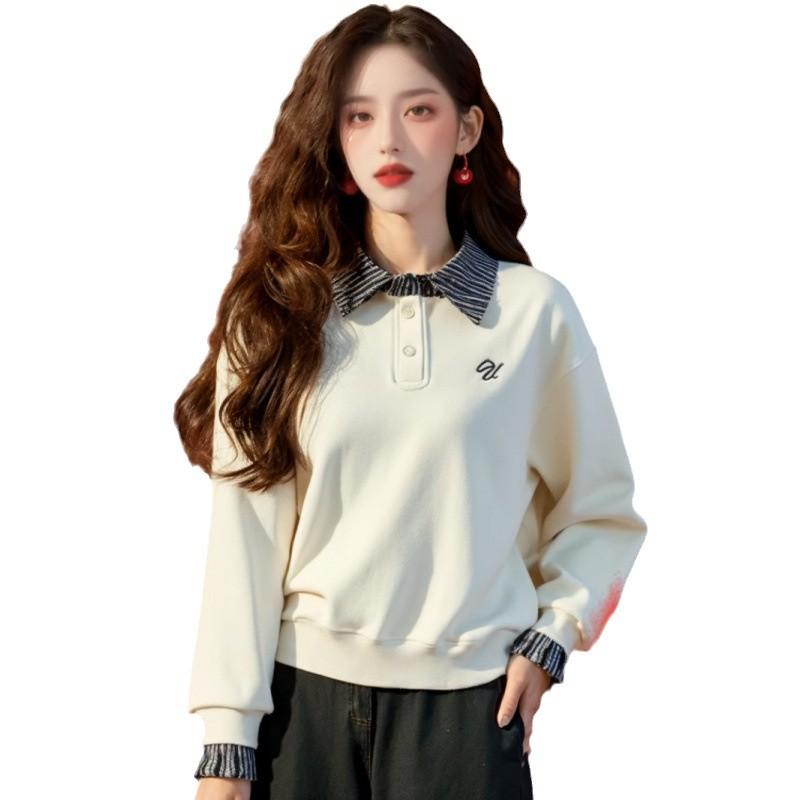 スウェット レディース 長袖 POLOネック 刺繍入り 切り替え トップス 杏色 ワインレッド 紺色 ゆったり 通勤 普段使い 360g 暖か