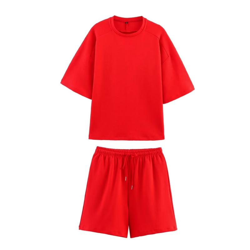 セットアップ レディース 春夏 ハーフパンツ 半袖 スウェット 混紡 ポリエステル レッド 赤 ホワイト 白 ブラウン 焦糖色 カジュアル 普段使い 部屋着