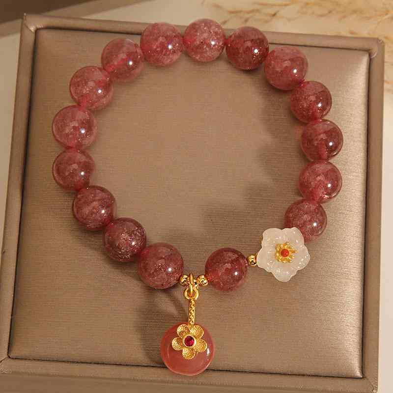 ブレスレット レディース ストロベリークォーツ 小花 塩源瑪瑙 セーフティーバックル ハンドメイド ア..
