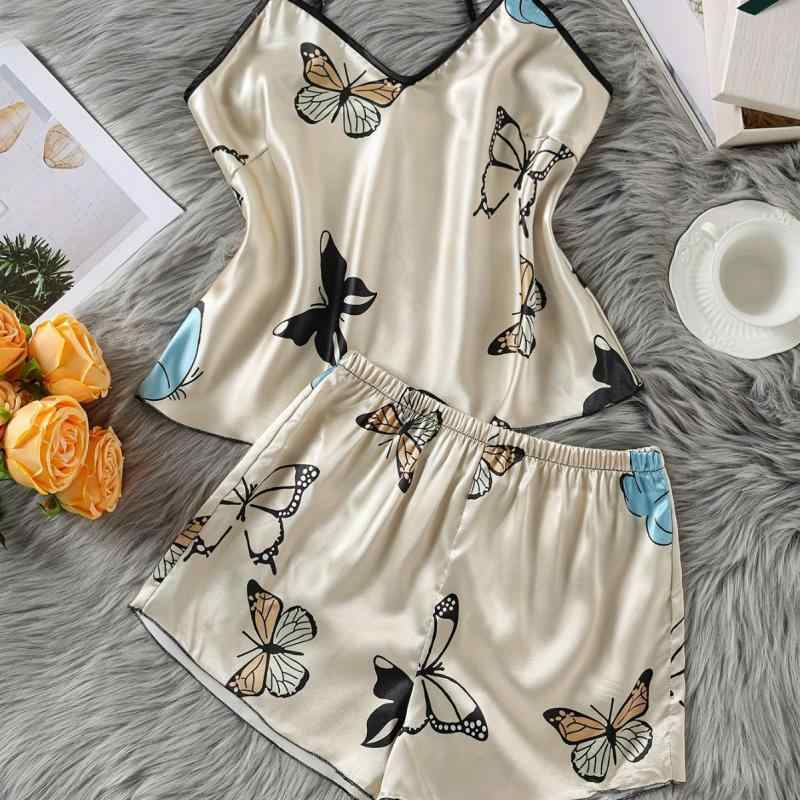 パジャマ レディース 婦人服 ファッション 蝶柄 ショートパンツ セットアップ 部屋着 寝間着 ポリエステル Vネック ノースリーブ 短パン リラックス 通気性 春夏 秋冬 シャンパン