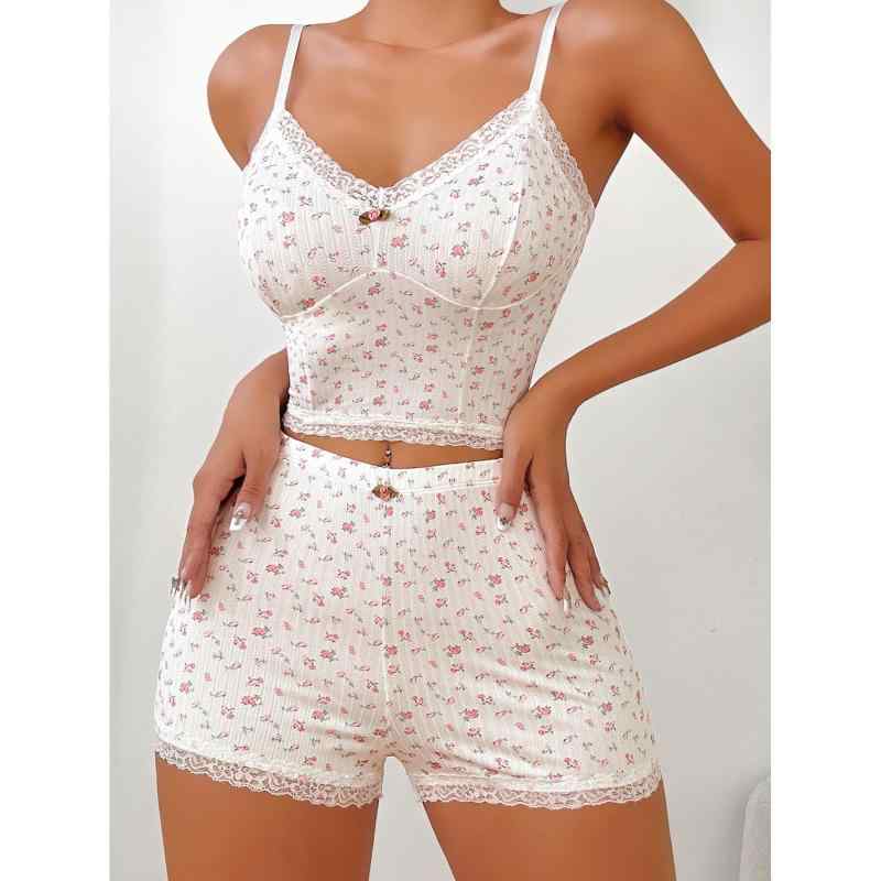 ルームウェア レディース 春夏 レース 吊り下げキャミソール ショートパンツ セットアップ ポリエステル 薄手 涼しい 快適 リラックス Vネック ノースリーブ 花柄 かわいい 部屋着 寝間着 オフ 結婚祝い プレゼント 白 黒 S M L XL