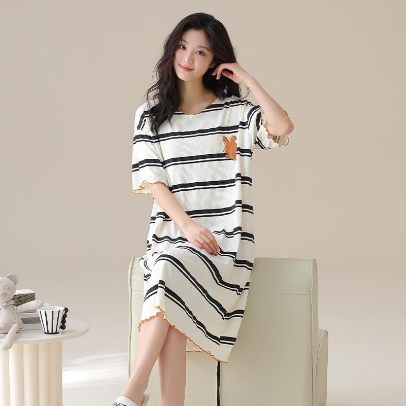 ワンピース レディース 春夏 半袖 接触冷感 ストライプ 薄手 膝丈 部屋着 ルームウェア かわいい