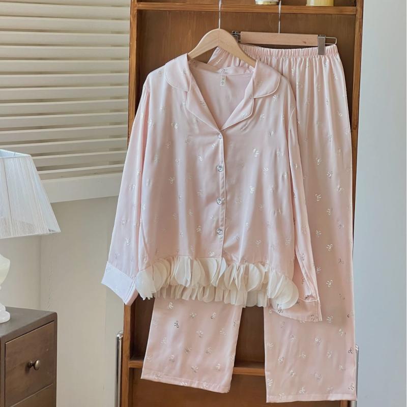 パジャマ レディース ルームウェア 上下セット レース 接触冷感 7分袖 7分丈パンツ ポリエステル 薄手 ラウンドネック ピンク系 サックスブルー 涼しい 快適 リラックス 春夏