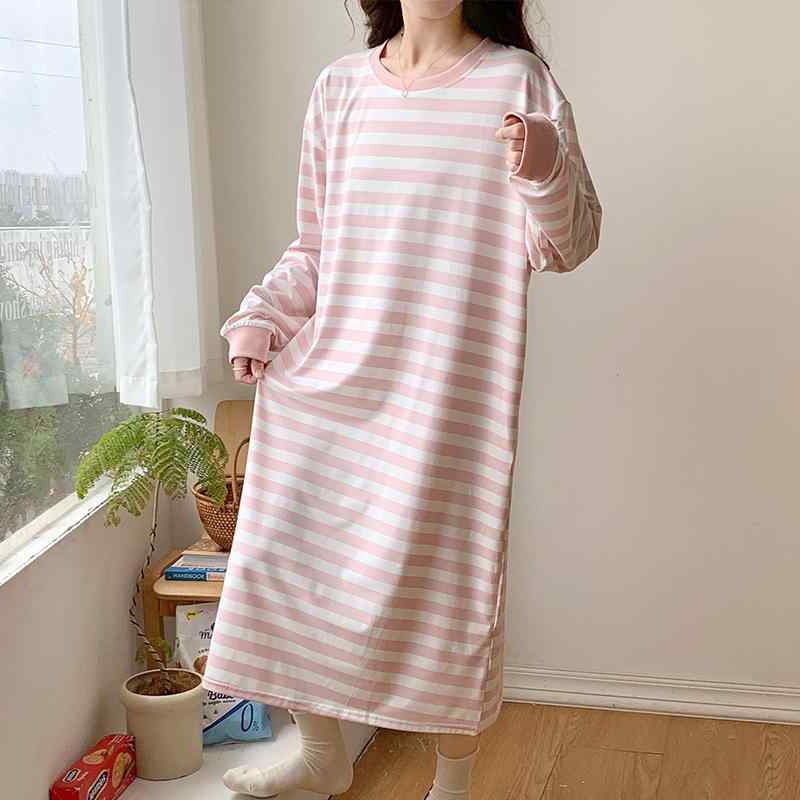 パジャマ レディース 春秋 ストライプ 長袖 ワンピース 部屋着 かわいい 婦人服 寝間着 ルームウェア ポリエステル ラウンドネック リ..