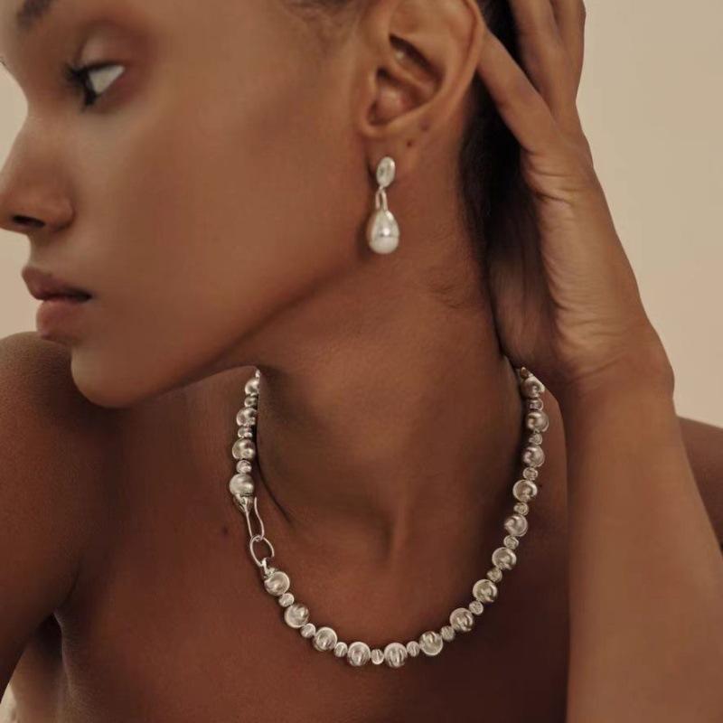 ネックレス レディース 春夏 イヤリング アレルギー対応 シルバー ラメ ビーズ 鎖骨 電気メッキ加工 レトロ アクセサリー