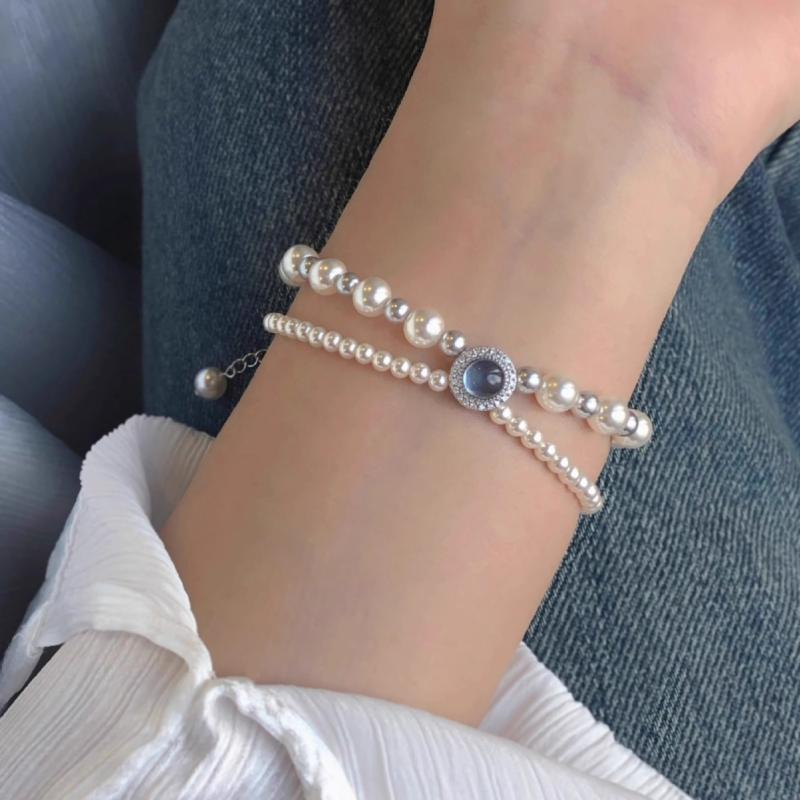 楽天ブリルビブレスレット レディース S925シルバー 人工パール 水色 グレー ミックスカラー 強光沢 二連 手作り エレガント U形 ドロップ型 パーティー