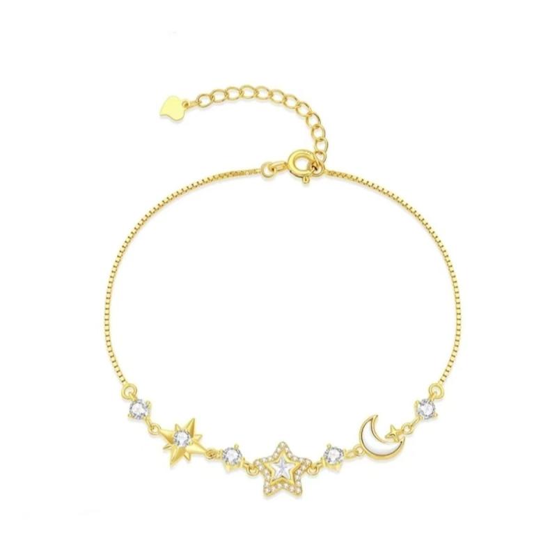 ブレスレット レディース 星 月 ジルコニア 象嵌 ゴールドカラー 幾何学模様 小さめ 軽め 普段使い パ..