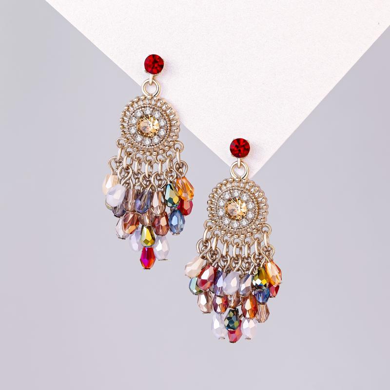 イヤリング レディース 女性用 カラフル 水晶 タッセル 大ぶり 揺れる ボヘミアン レトロ エスニック ヴィンテージ アクセサリー ジュエリー パーティー