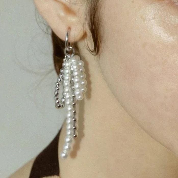 イヤリング レディース バタフライ 蝶 揺れる シルバーカラー シルバー 取り外し可能 パール 真珠 タッセル 耳飾り 日韓風 アクセサリー(4)