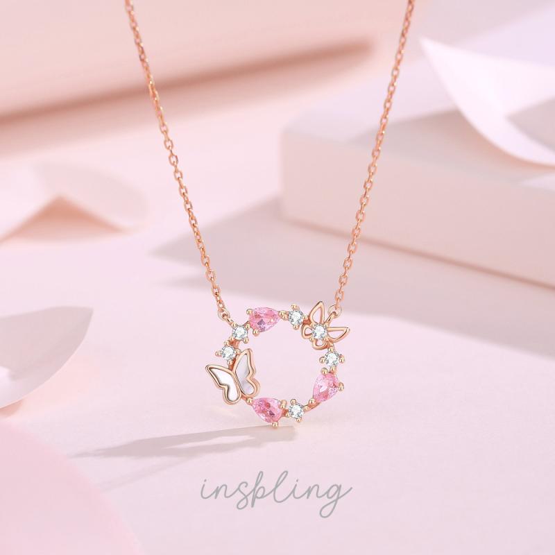 ネックレス レディース シルバー925 ピンク ジルコニア 蝶 バタフライ ペンダント チョーカー 花 フラワーモチーフ 電気メッキ加工 シャンパンゴールド 小さめ プチモチーフ かわいい おしゃれ 誕生日 母の日 ギフト