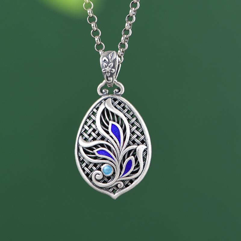 ネックレス レディース シルバー しずく型 編み込み模様 レトロ エナメル 景泰藍 フェニックス 羽根 ペンダント