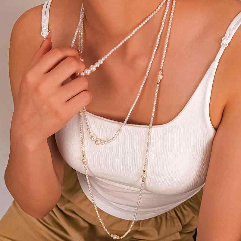 ネックレス レディース 多層 パール 小粒 ゴールド ステンレス製 レトロ INS風 幾何学模様 チョーカー アレルギー対応 真空電気メッキ加工 上品