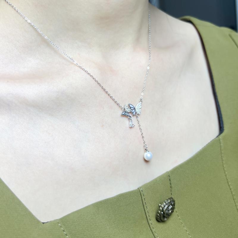 ネックレス レディース S925 シルバー バタフライ チョーカー 電気メッキ加工 パール風 ペンダント アニマルモチーフ O字チェーン 個性派 INS風 ラッキーアイテム 白金色/黄金色