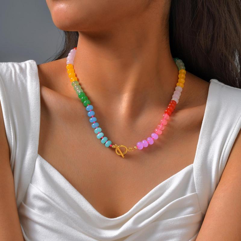 ネックレス レディース OTバックル カラフル 玉石 チョーカー ステンレス 個性派 アレルギー対応 幾何..
