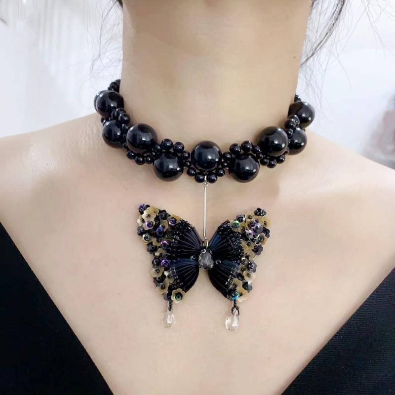 ネックレス レディース バタフライ チョーカー 人工パール ビーズ スウィート クール ブラック