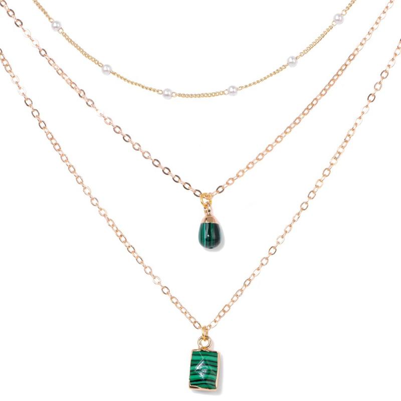 ネックレス レディース 天然石 ビーズ ペンダント 18kゴールド チェーン 三点セット 幾何学模様 人工水晶 レトロ アクセサリー ユニセックス2(4)