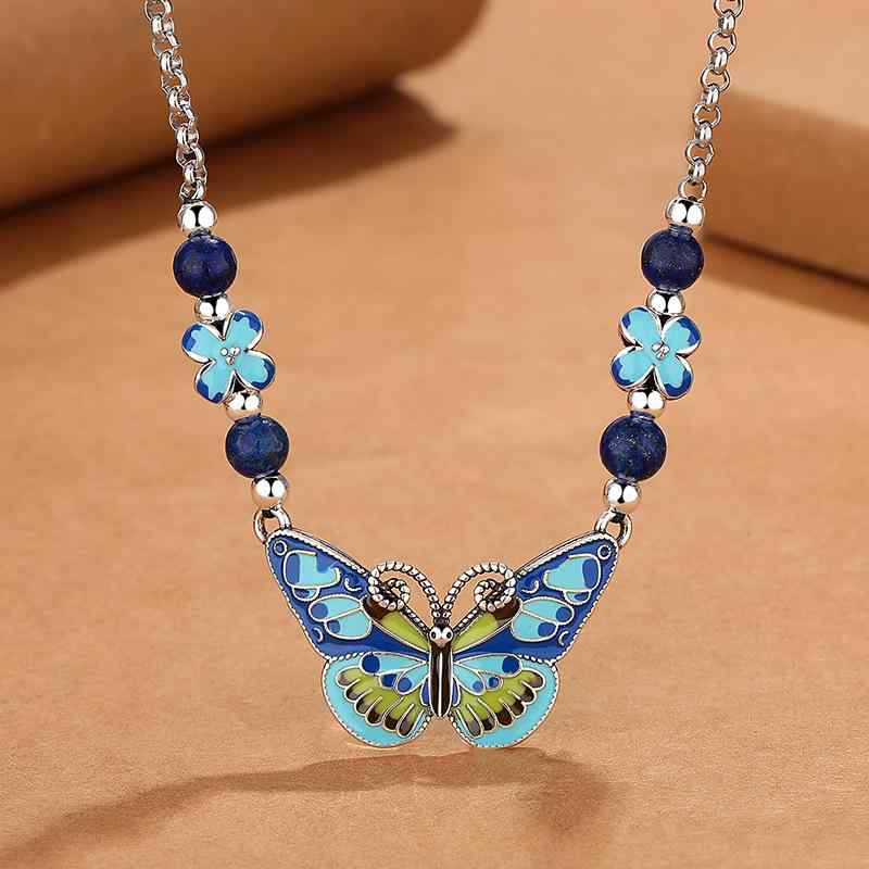 ネックレス レディース 青金石 バタフライ チョーカー 昭和レトロ ドロップレジン エナメル 中国風 ア..