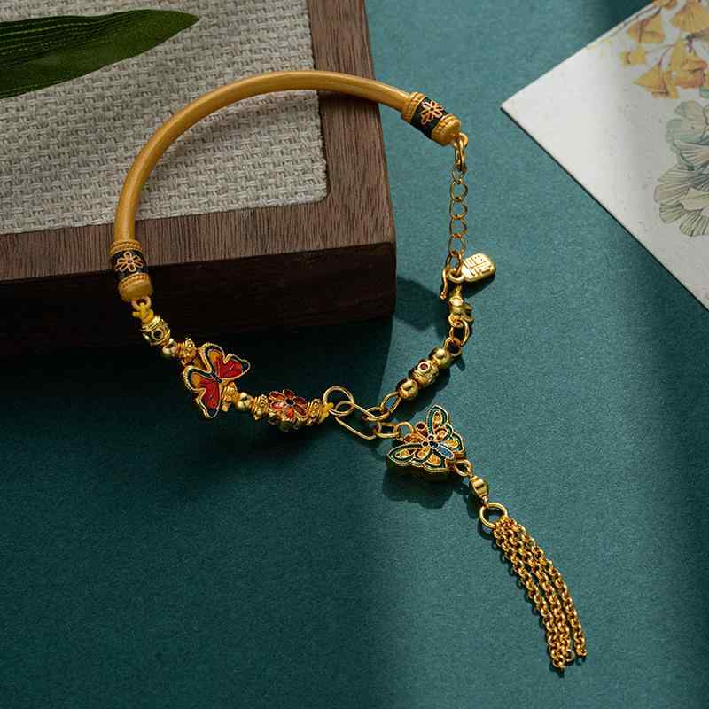 ブレスレット レディース バングル 蝶 チョウ ジルコニア 国風 エスニック シャンパンゴールド 手作り ..