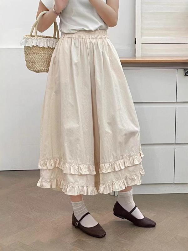 スカート レディース 夏 7分丈パンツ カーキ色 裾フリル コットン ゆるシルエット ワイドレッグパンツ 文芸風 レトロ リラックス ウェア2