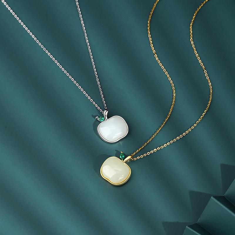 ネックレス レディース シルバー925 和田玉 アップル ペンダント 鎖骨チェーン 母の日 十字チェーン 電気メッキ加工 フルーツモチーフ