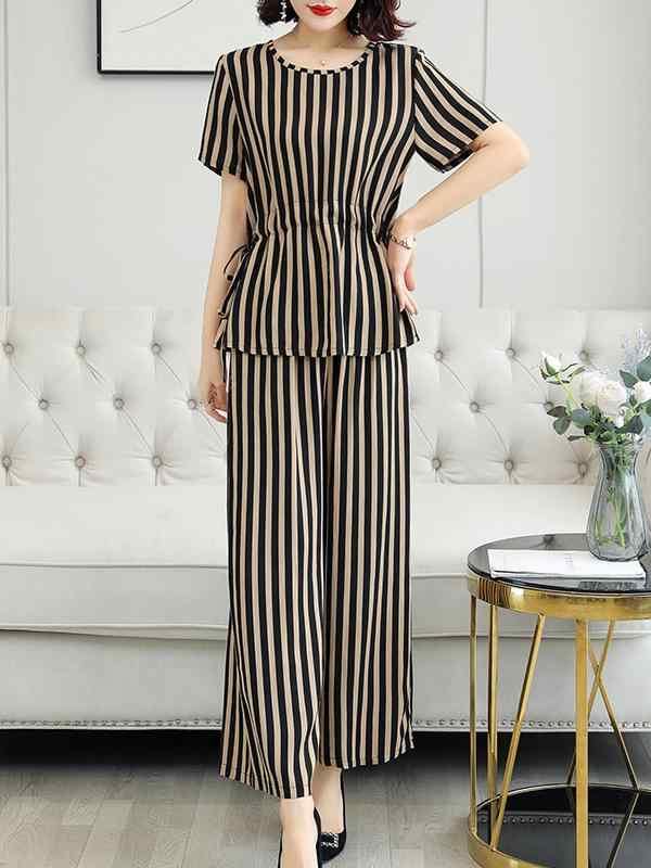 セットアップ レディース 夏 綿 トップス & パンツ 2点セット ゆったり 9分丈パンツ ストライプ ブラック カーキ オレンジ ピンク グリーン パープル XL 2XL 3XL 4XL 5XL 中国風 レトロ