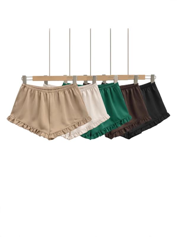 ショートパンツ レディース 木耳エッジ 切り替え スポーティー カジュアル ハーフパンツ ポリエステル 伸縮性 ウエストゴム 部屋着 普段使い シャンパン 可可棕 エメラルド カーキ 黒玛瑙