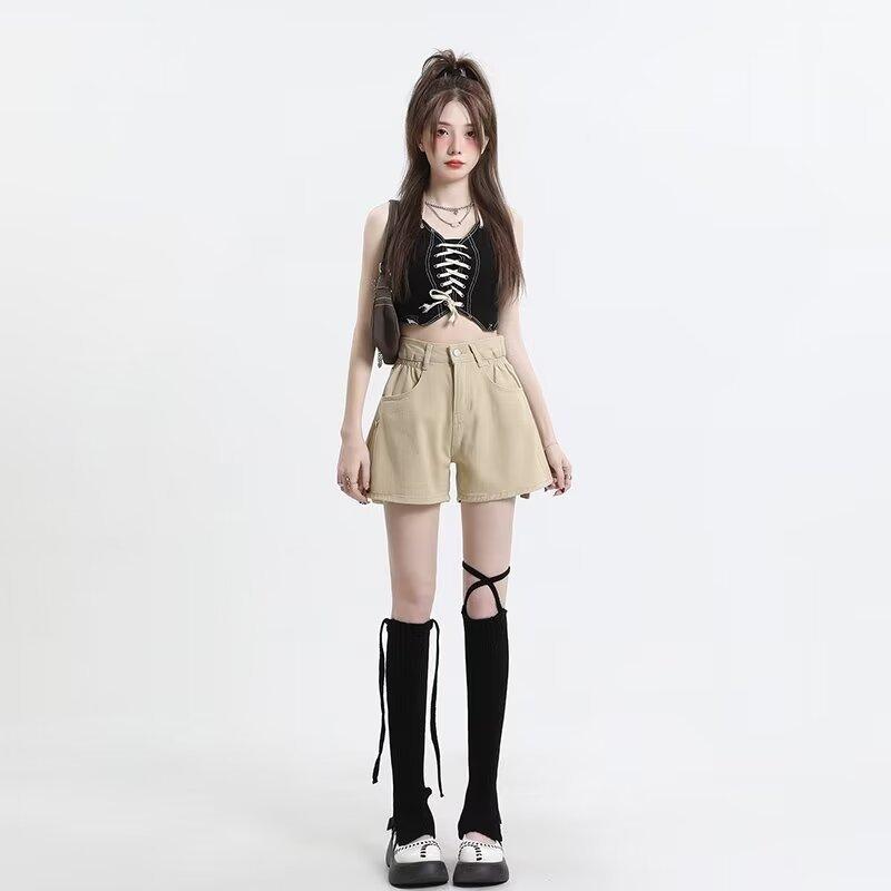 デニム レディース ショートパンツ カーキ色 黒 短パン 高見え キュロット ホットパンツ 高身長 美脚 着痩せ ゆったり Aライン カジュアル 通勤 普段使い S M L XL 2XL 3XL 4XL 5XL