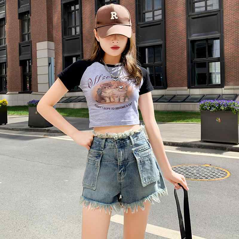 デニム レディース ショートパンツ ハイウエスト ゆったり Aライン フリンジ ダメージ加工 ホットパンツ 短パン ジーンズ ジーパン 綿 カジュアル 韓国風 ブルー グレー