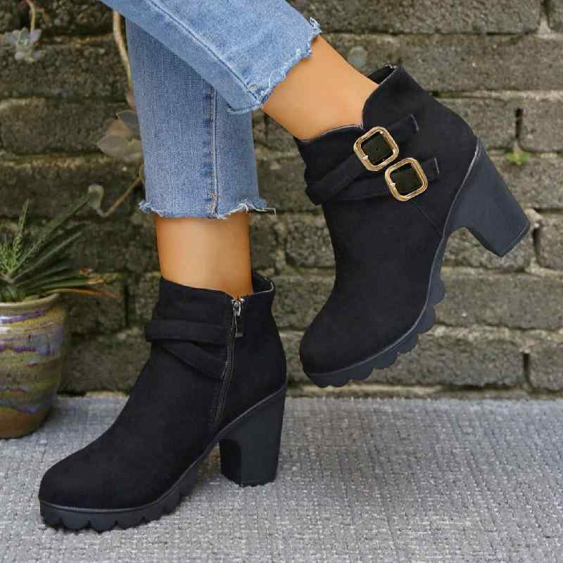 ブーツ レディース 大きいサイズ ショートブーツ 秋冬 ラウンドトゥ 太ヒール スエード調 ミドルヒール 普段使い