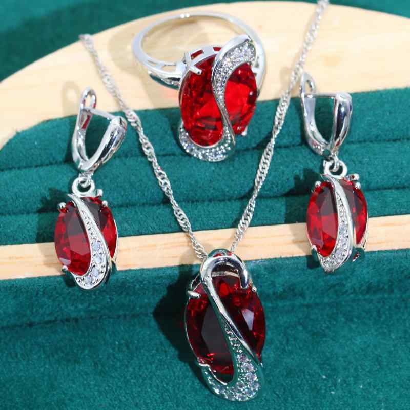 ネックレス & イヤリング & 指輪 レディース 3点セット ブライダル パーティー ウェディングドレス ジュエリー 電気メッキ加工 ジルコニア レッド グリーン 水波チェーン ファッション 普段使い