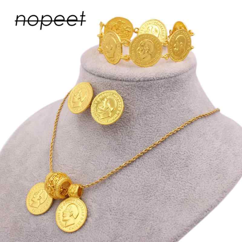 ネックレス イヤリング ブレスレット レディース 24K 金メッキ エキゾチック アフリカン ブライダル ジュエリーセット 硬貨モチーフ 電気メッキ加工 銅製