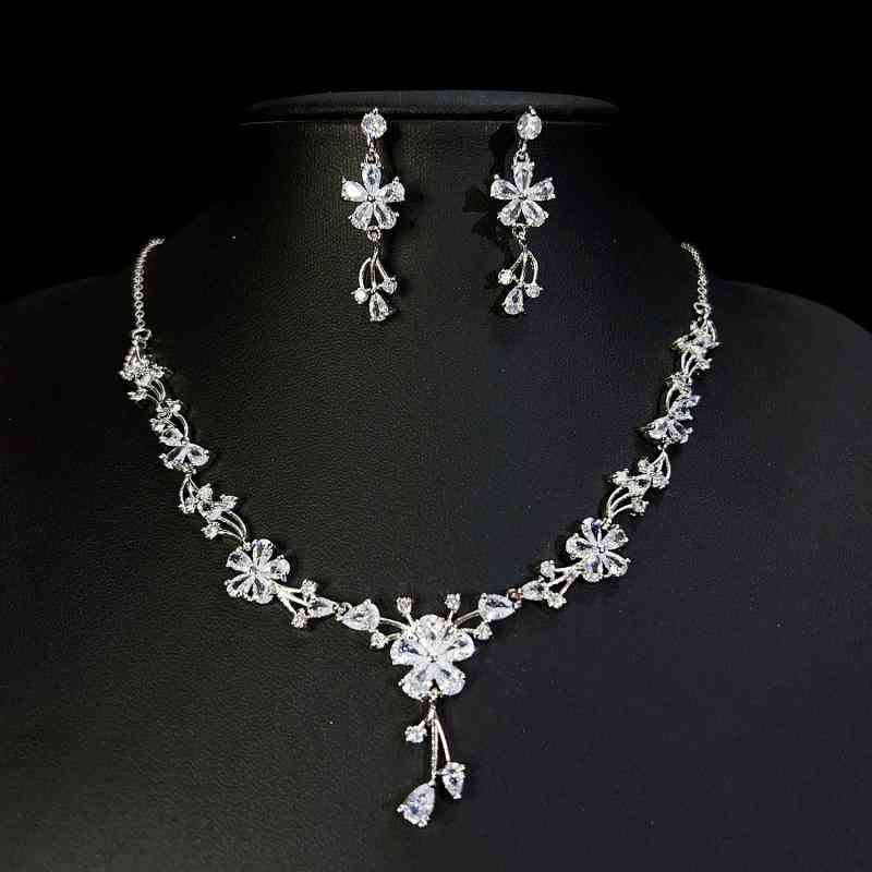 アクセサリー レディース ブライダル ジルコニア ネックレス & イヤリング セット フラワー モチーフ エレガント ウェディング パーティー コスプレ イベント ジュエリー ホワイト2