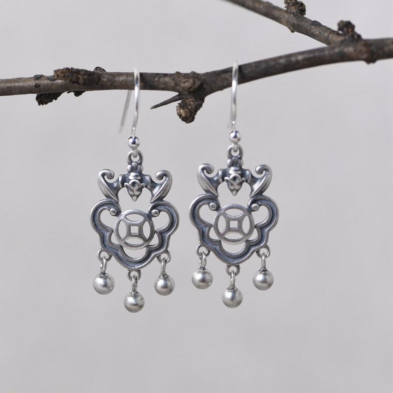 ピアス レディース S925 シルバー 銀製 レトロ イヤリング 泰銀 祥雲 コウモリ 銀珠 タッセル 鎖型 ロック 個性的 新中式 アニマルモチーフ 普段使い(4)