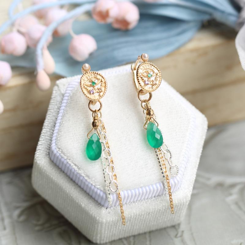 ピアス レディース 925シルバー アンティークコイン ジルコニア 緑玉髄 ジェムストーン セット かわいい イヤリング チェーン タッセル 電気メッキ加工 日系 アクセサリー