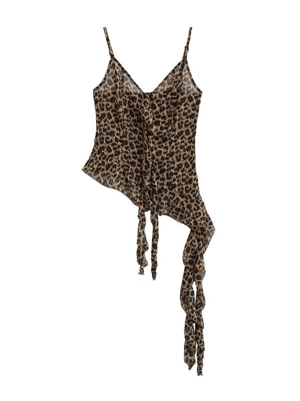 キャミソール レディース 春夏 女性用 セクシー スリムフィット ヒョウ柄 裾フリル ポリエステル ノースリーブ トップス 背中開き 接触冷感